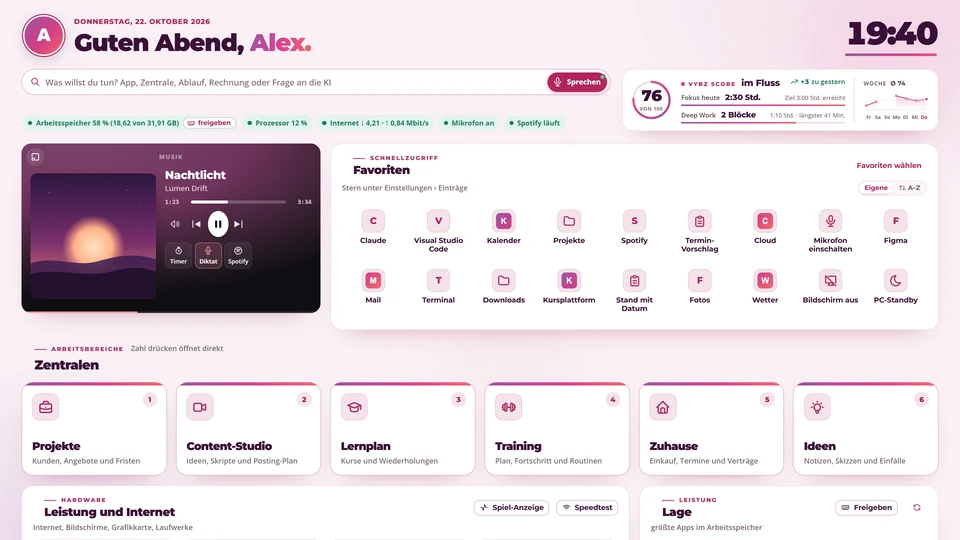 Startblatt von Deskstella mit Suche, Musik, Favoriten und Arbeitsbereichen, mit Beispieldaten