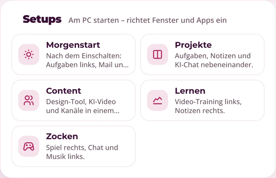 Baustein Setups mit Morgenstart, Projekte, Content, Lernen und Zocken