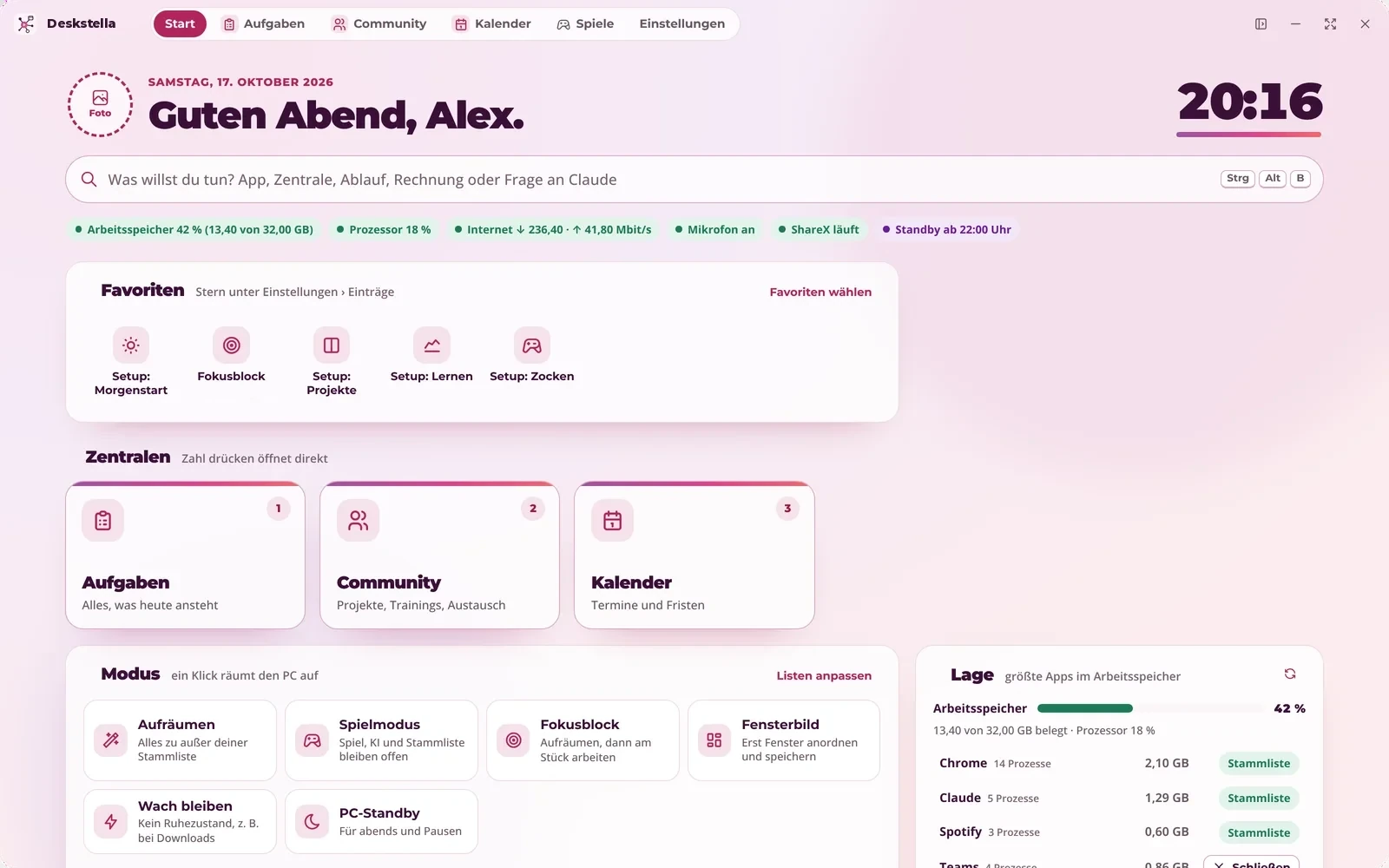 Startblatt von Deskstella mit Suche, Favoriten und Zentralen