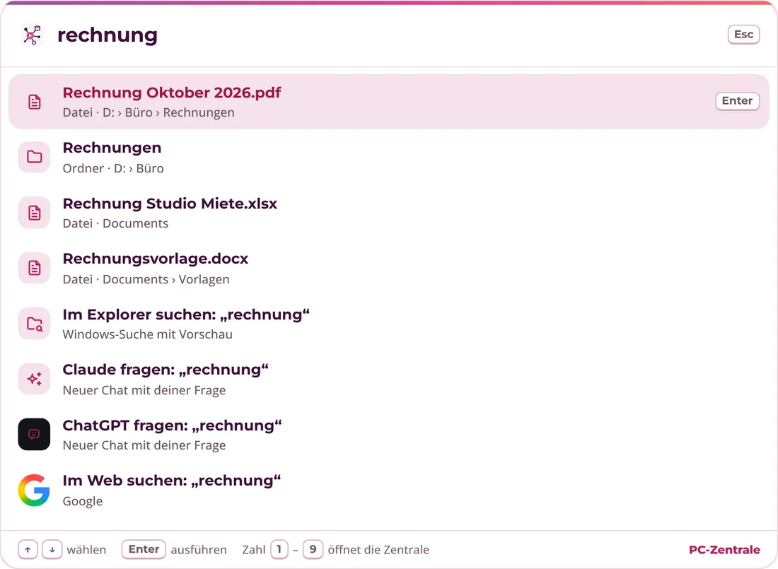 Suche von Deskstella: Eingabe rechnung findet eine PDF-Rechnung, einen Ordner, eine Excel- und eine Word-Datei, dazu Explorer, KI und Web